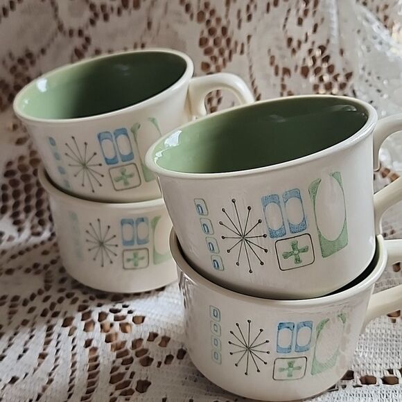 Vintage Set Of 4 Cathay Atomic Starburst Pattern MCM Coffee Mugs - Picture 1 of 7